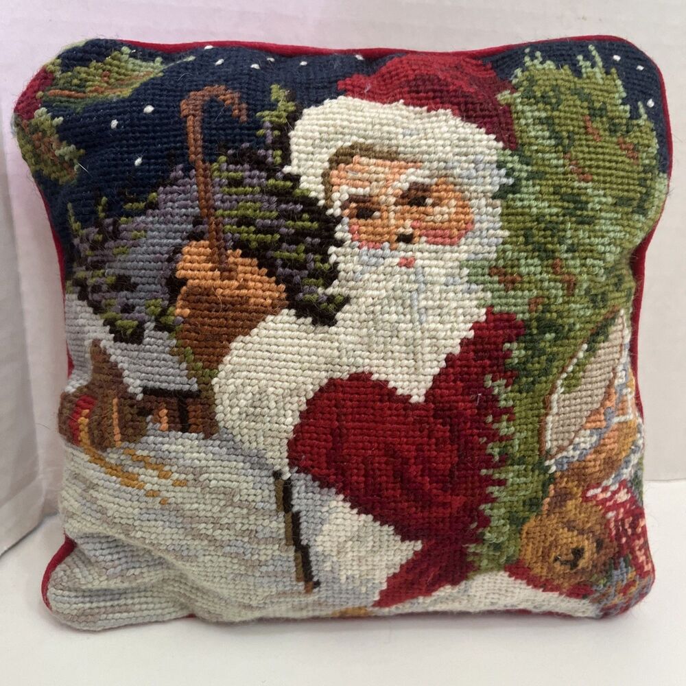 VINTAGE Wool Velvet Handmade Christmas Needlepoint Santa Claus Zip Pillow 9”